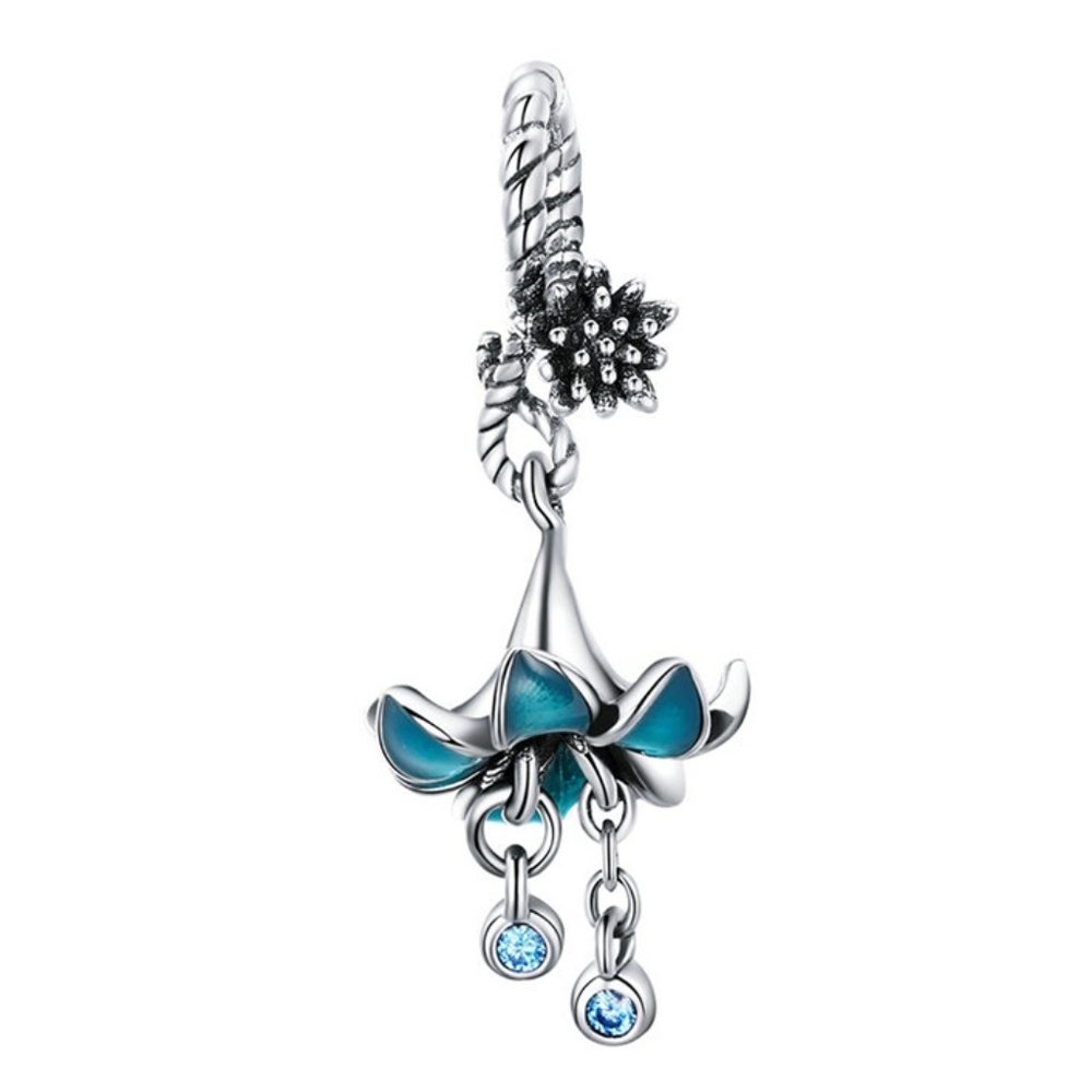 925 Silver Blue Bell Flower Dangle Charm Pendant